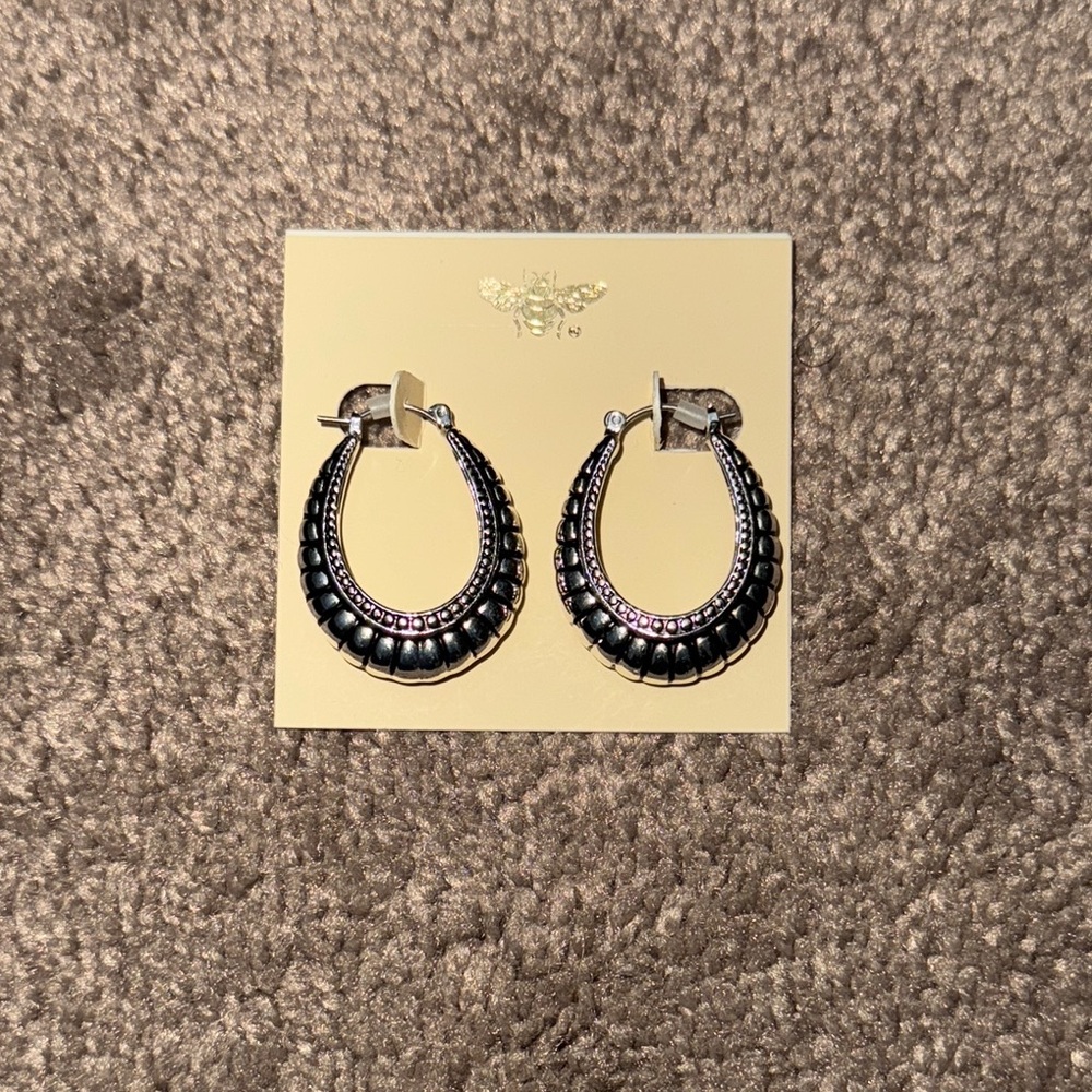Silver Tone Textured Beaded Oval Hoop Statement Earrings Boho Jewelry